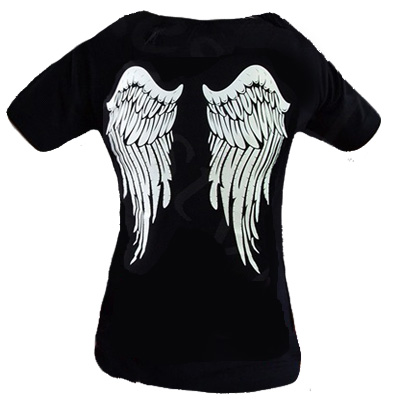 T-shirt zwart met witte engelen vleugels T-shirt zwart met witte engelen vleugels